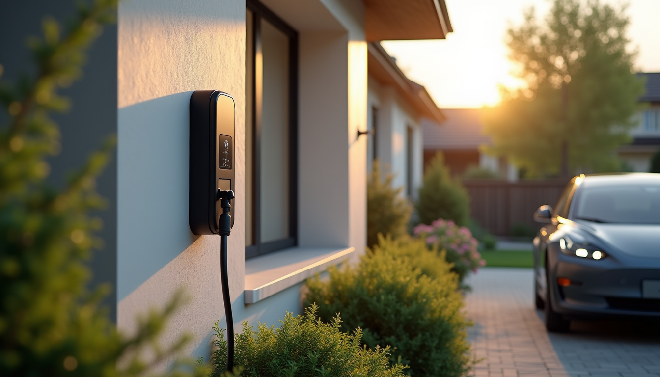Borne de recharge électrique installée devant une maison en zone résidentielle