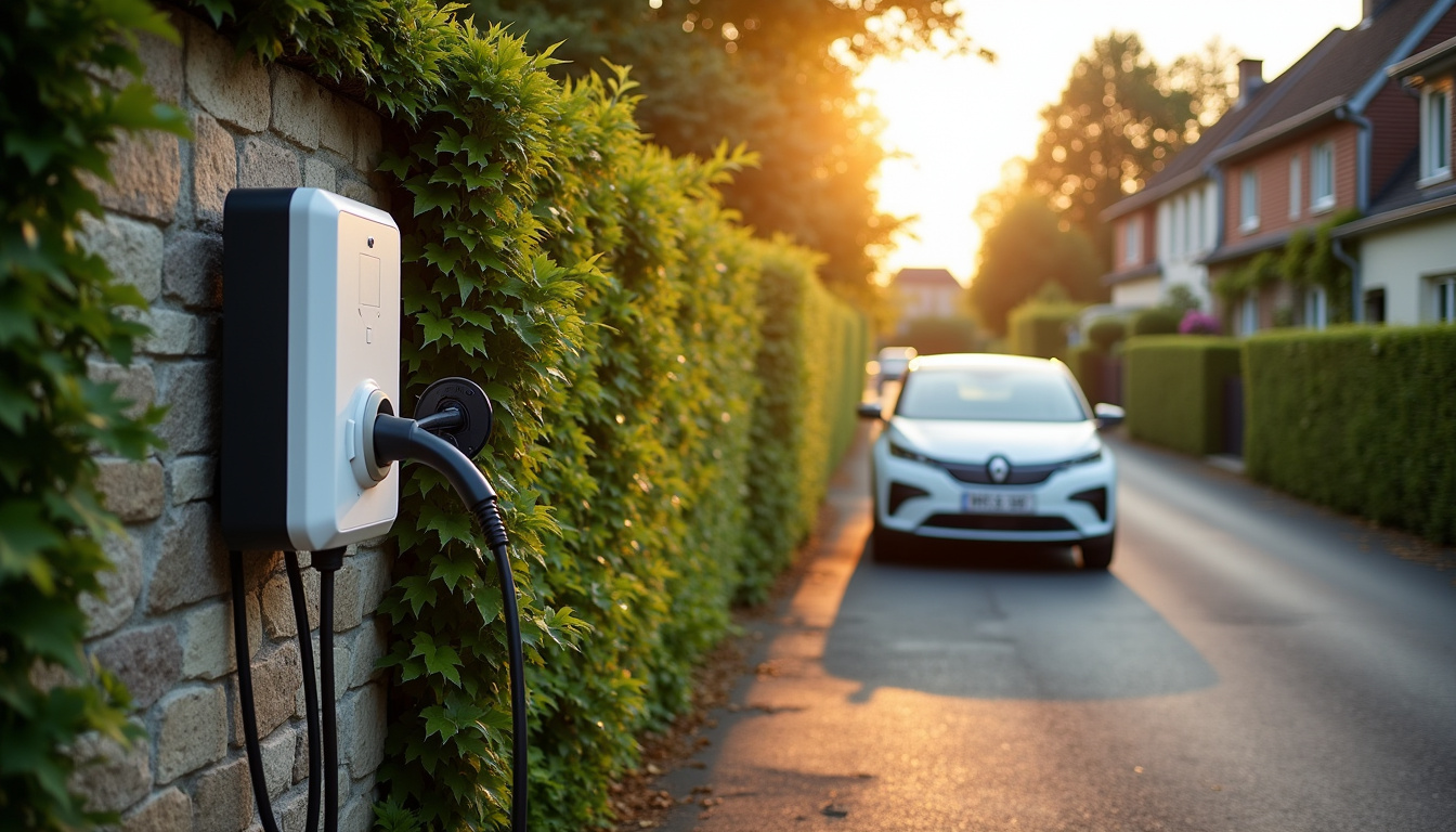 Borne de recharge électrique installée devant une maison individuelle à La Barre-de-Semilly