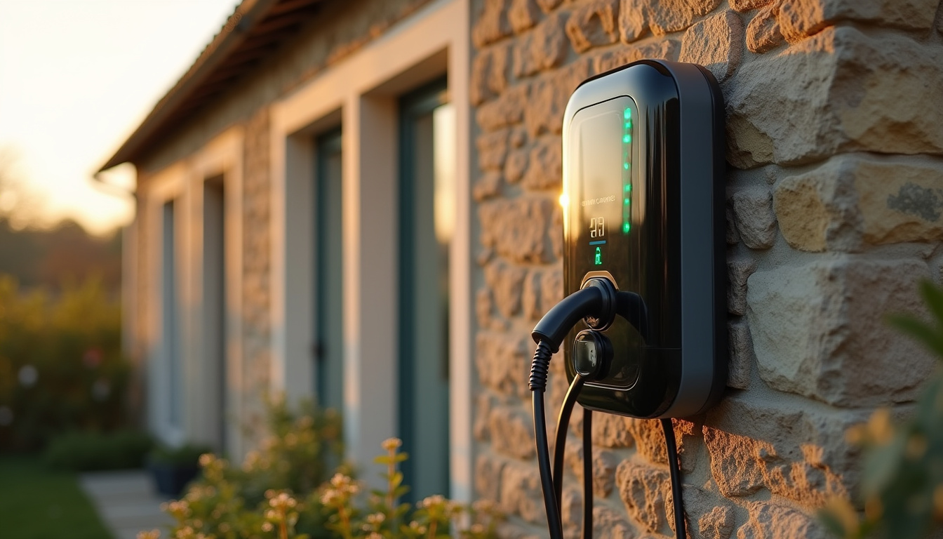 Borne de recharge électrique installée en extérieur à Curgy, fixée au mur d'une maison ancienne