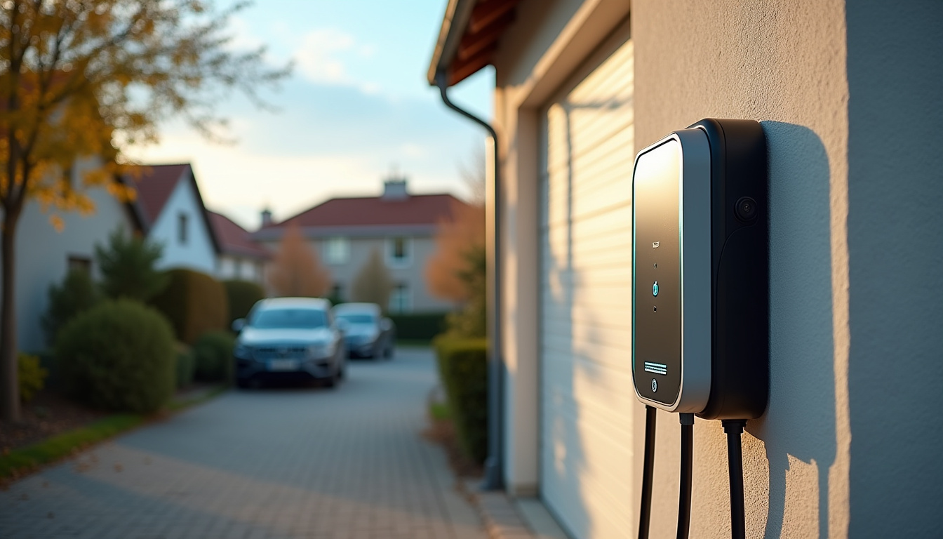 Borne de recharge électrique installée en extérieur à Dolomieu, fixée sur un mur de garage dans un environnement résidentiel