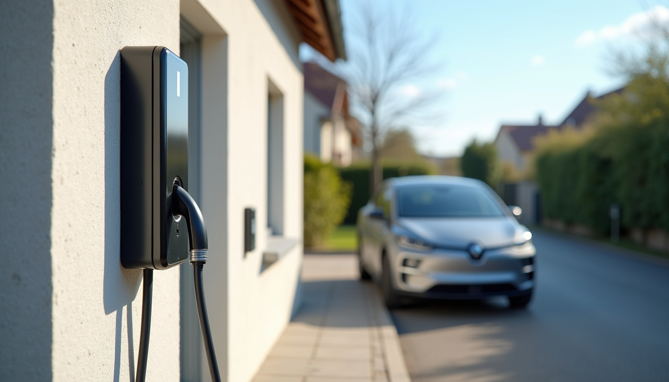 Borne de recharge électrique installée en extérieur à Villeneuve-en-Retz, fixée sur un mur côté rue avec câble raccordé à une voiture électrique