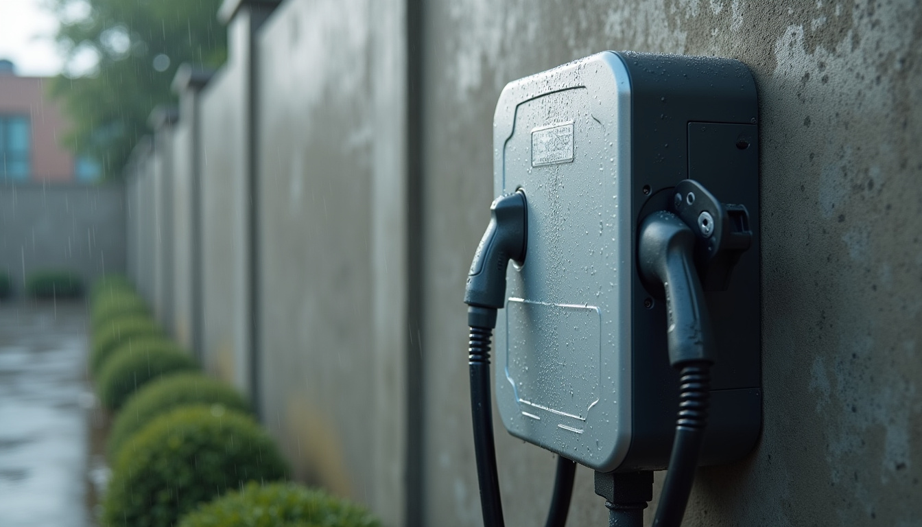 Borne de recharge électrique installée en extérieur, protégée contre les intempéries
