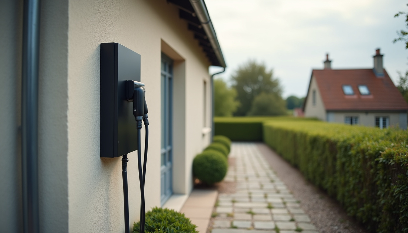 Borne de recharge électrique installée en extérieur sur un mur de maison à Saint-Ouen-des-Alleux