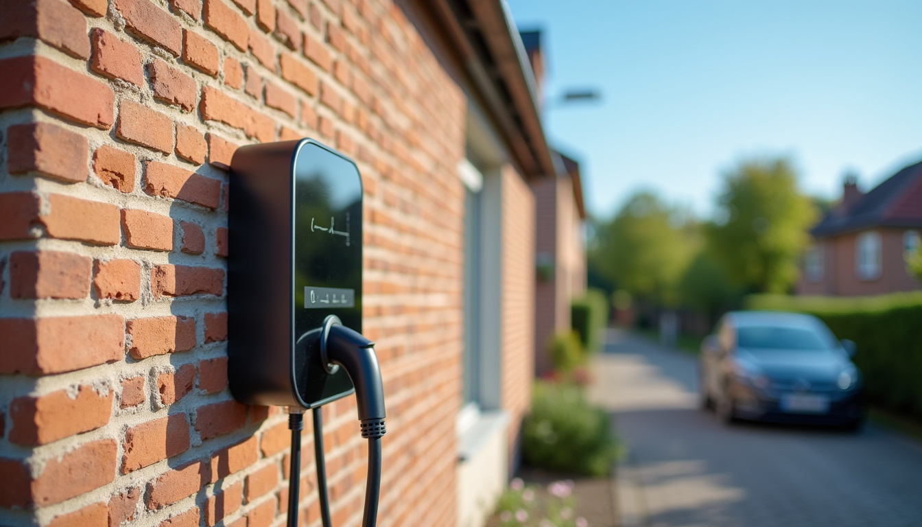 Borne de recharge électrique installée en journée à l'extérieur d'une maison à Pérenchies