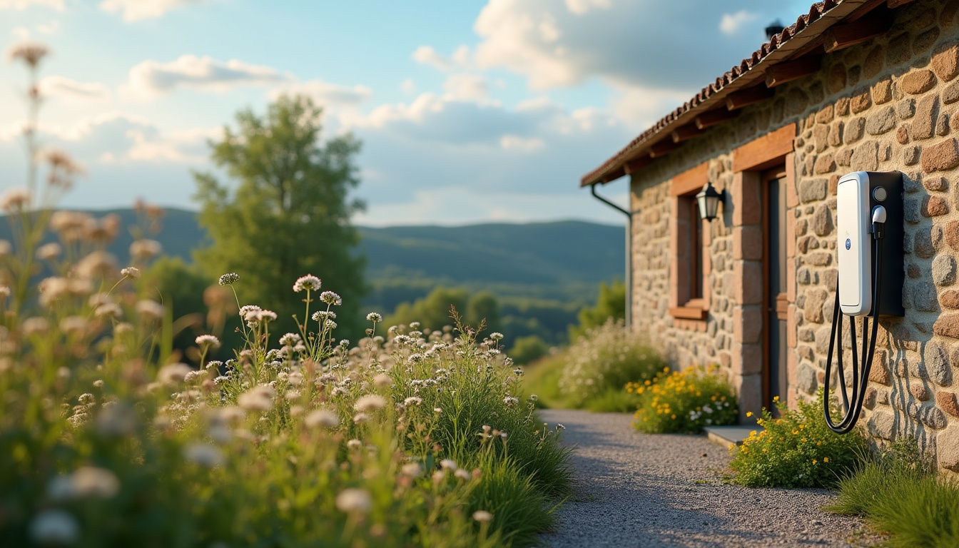Borne de recharge électrique installée en journée devant une maison à Vendœuvres, environnement rural