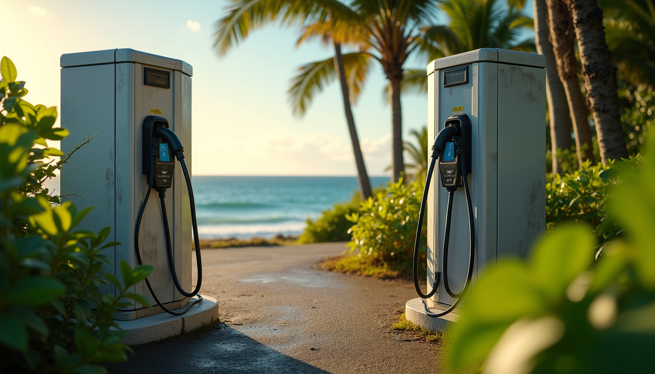 Borne de recharge électrique installée en Martinique, exposée au climat tropical humide et ensoleillé