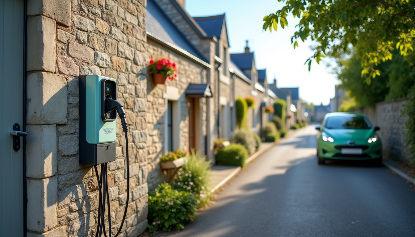 Borne de recharge électrique installée en milieu urbain à Cléder, Finistère