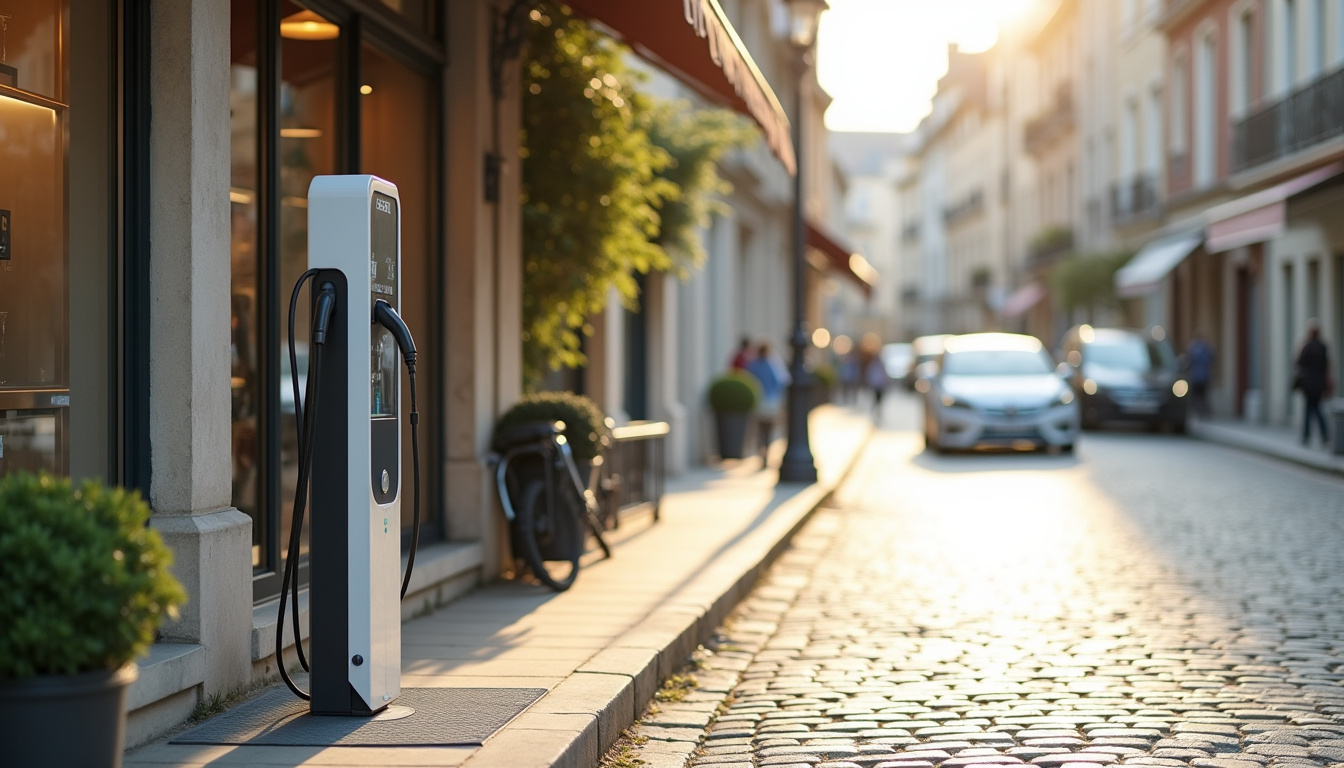 Borne de recharge électrique installée en milieu urbain, près d'un commerce