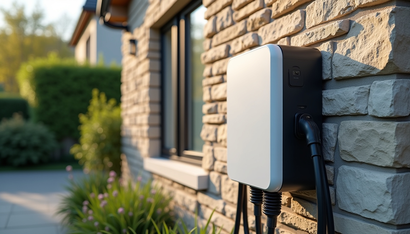 Borne de recharge électrique installée en plein jour devant une maison à Saint-Sébastien-de-Morsent