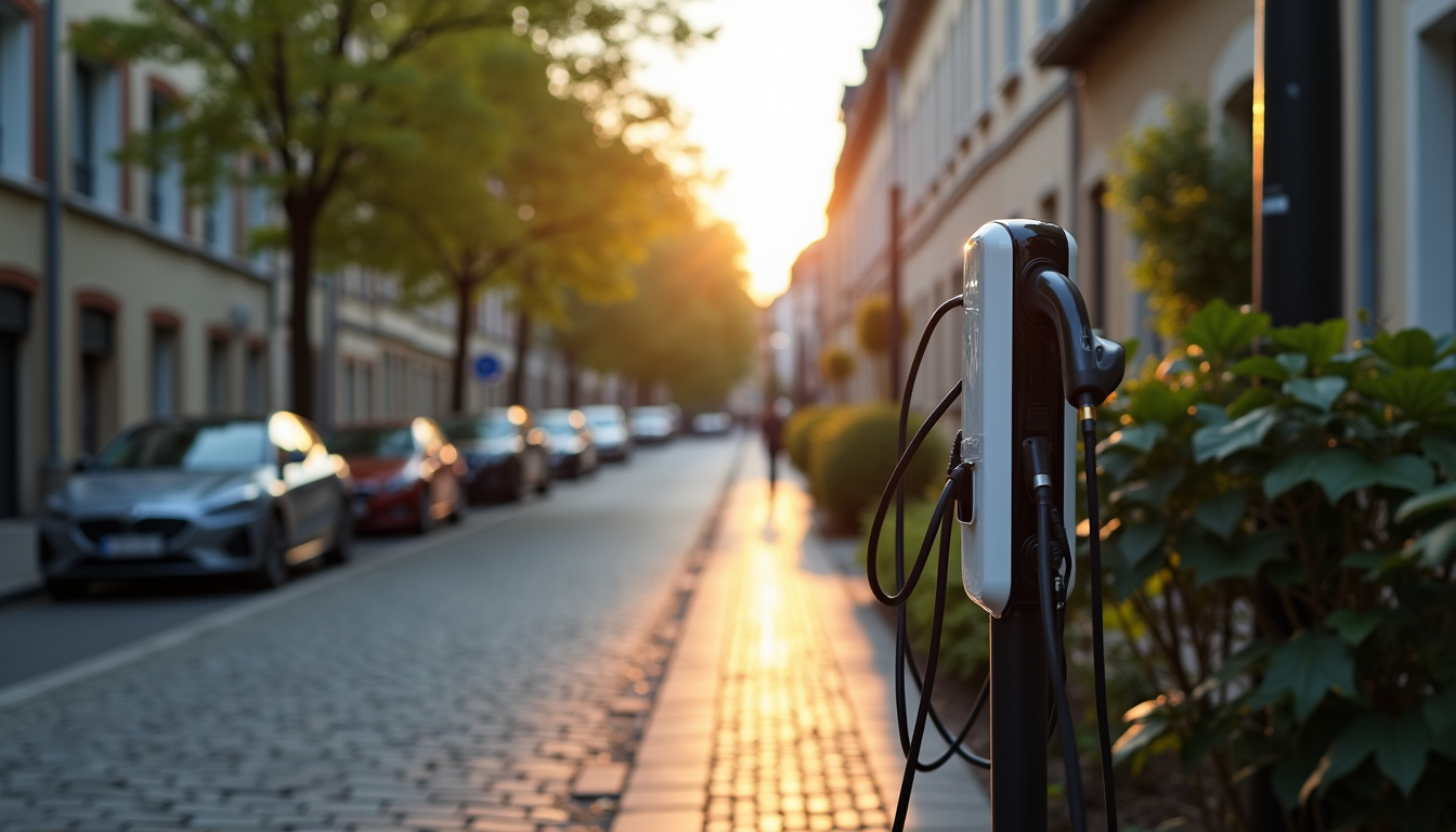 Borne de recharge électrique installée sur la voie publique à Puiseaux, dans un quartier résidentiel