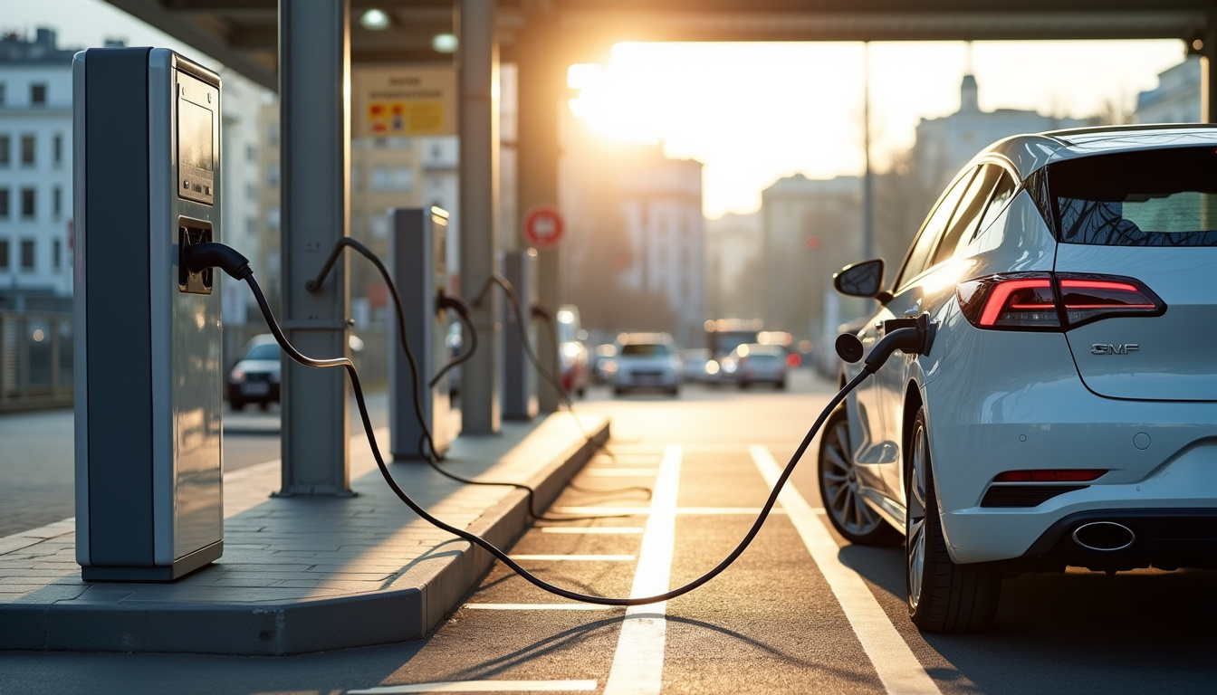 Borne de recharge électrique installée sur le parking de la gare SNCF à Jonzac, en milieu urbain, avec véhicule en cours de charge