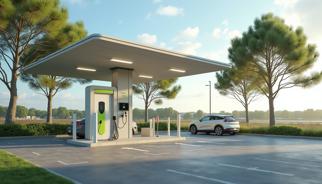 Borne de recharge électrique installée sur le parking de l'Esplanade Brémontier à Le Porge