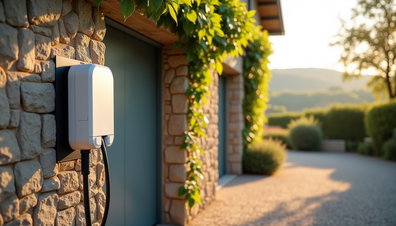 Borne de recharge électrique murale installée à l'extérieur d'une maison à Castelnau-de-Montmiral, protégée contre les intempéries et raccordée à une ligne dédiée