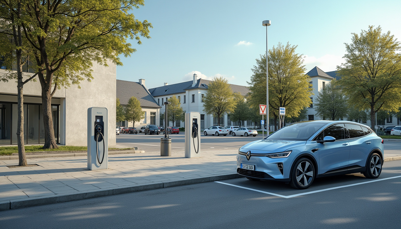 Borne de recharge électrique publique à Montaigu-de-Quercy située près d’un parking municipal