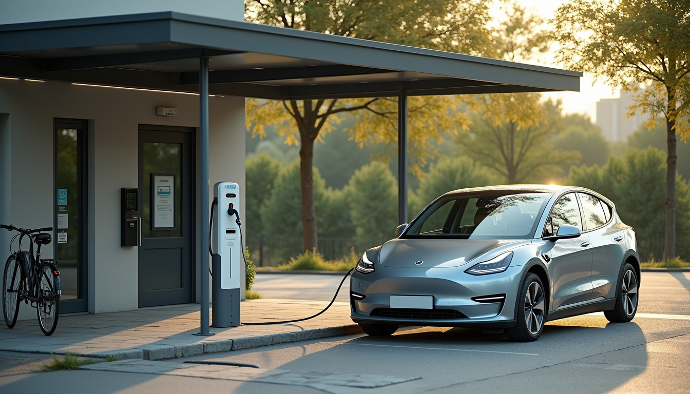 Borne de recharge électrique publique située près de la mairie de Lampaul-Guimiliau, sur le parking du Villers