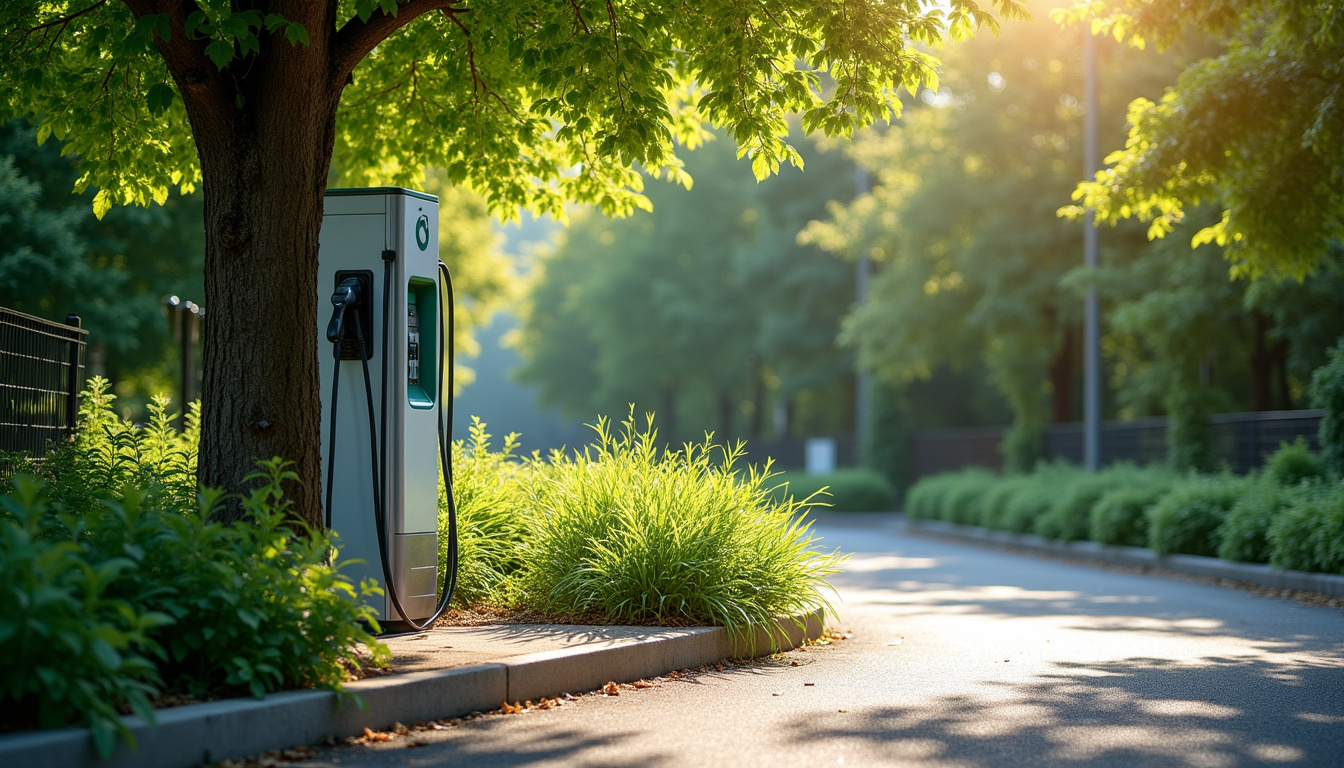 Borne de recharge électrique publique située rue Lafayette à Castelnau-de-Montmiral, entourée de végétation et accessible gratuitement aux usagers