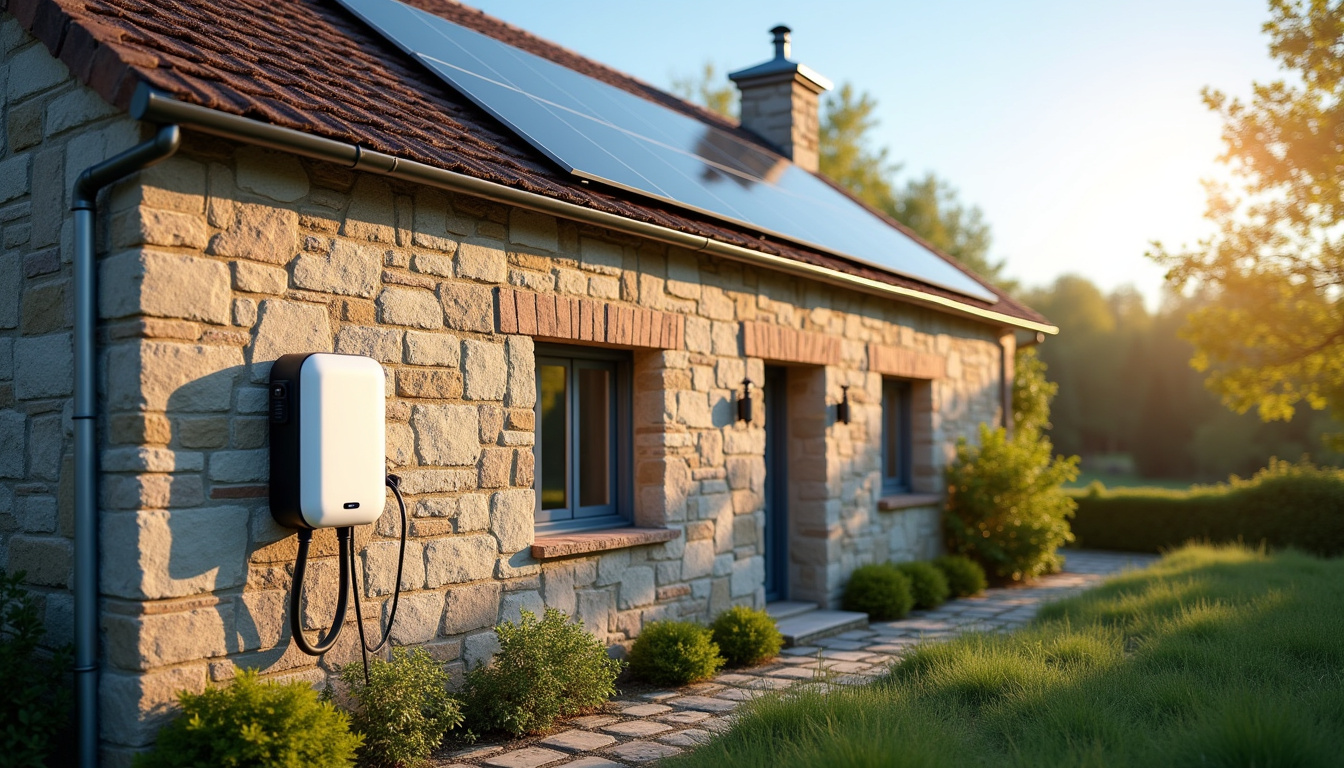 Borne de recharge électrique reliée à un système photovoltaïque sur une maison à Saint-Côme-d’Olt, avec panneaux solaires visibles sur le toit