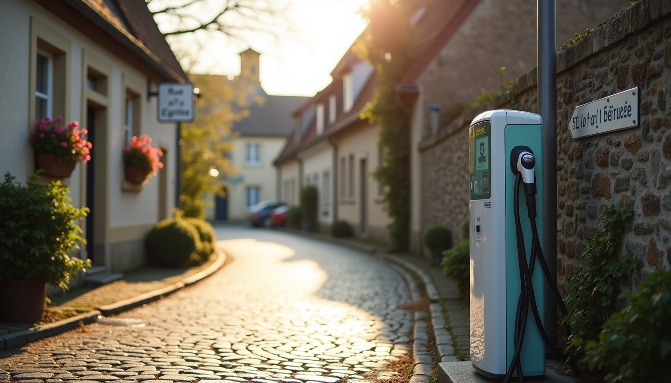 Borne de recharge électrique située rue de l'Église à Saint-Aubin-Celloville