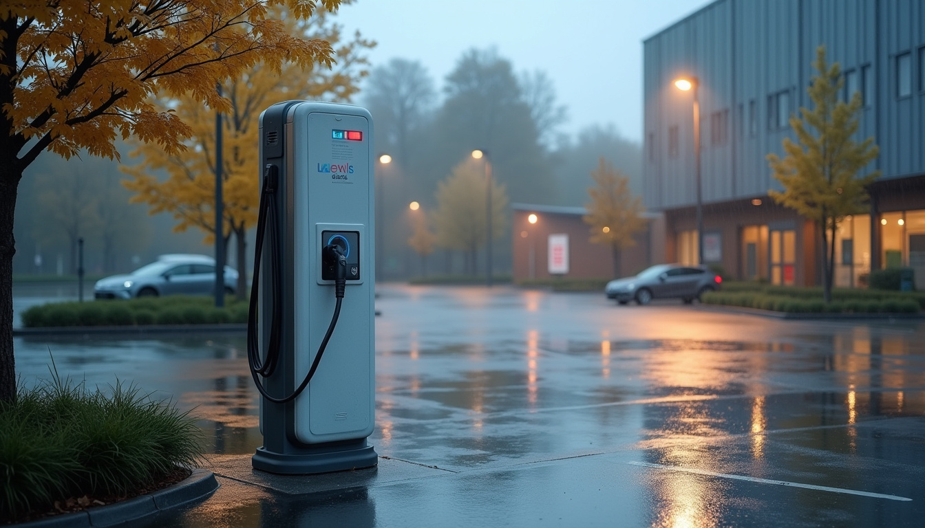 Borne de recharge électrique située sur le parking de la médiathèque de Laruns, rue du Général de Gaulle