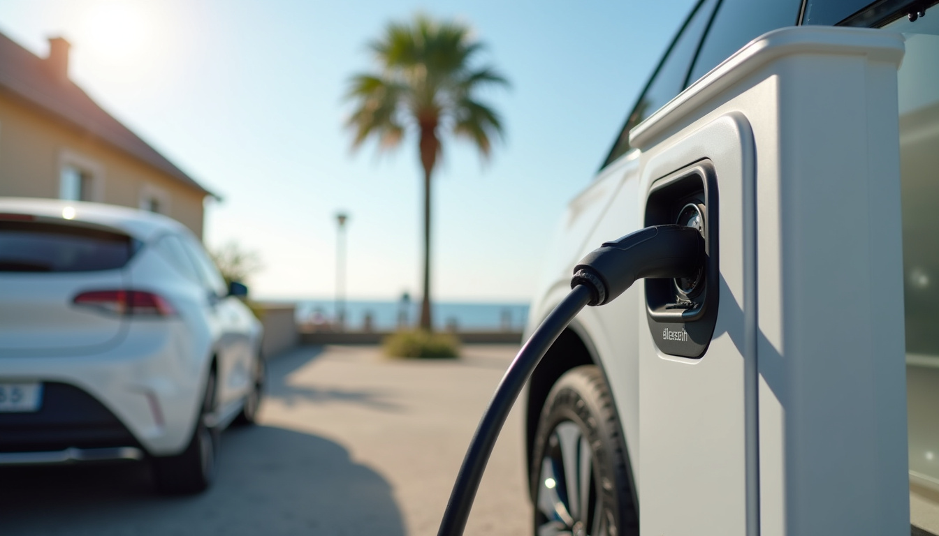 Borne de recharge électrique située sur le parking de la poste à Longeville-sur-Mer
