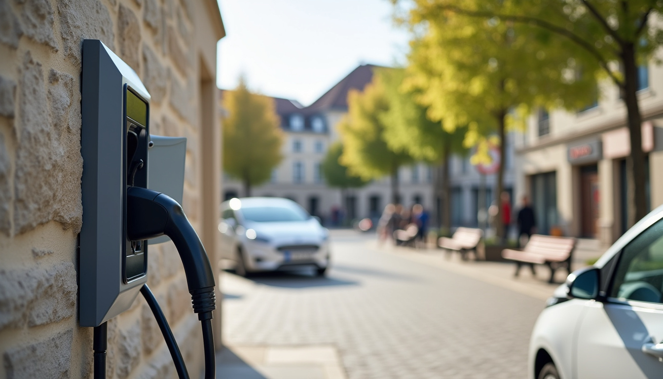 Borne de recharge électrique sur la place Jean Moulin à La Talaudière, vue de jour avec un véhicule en charge