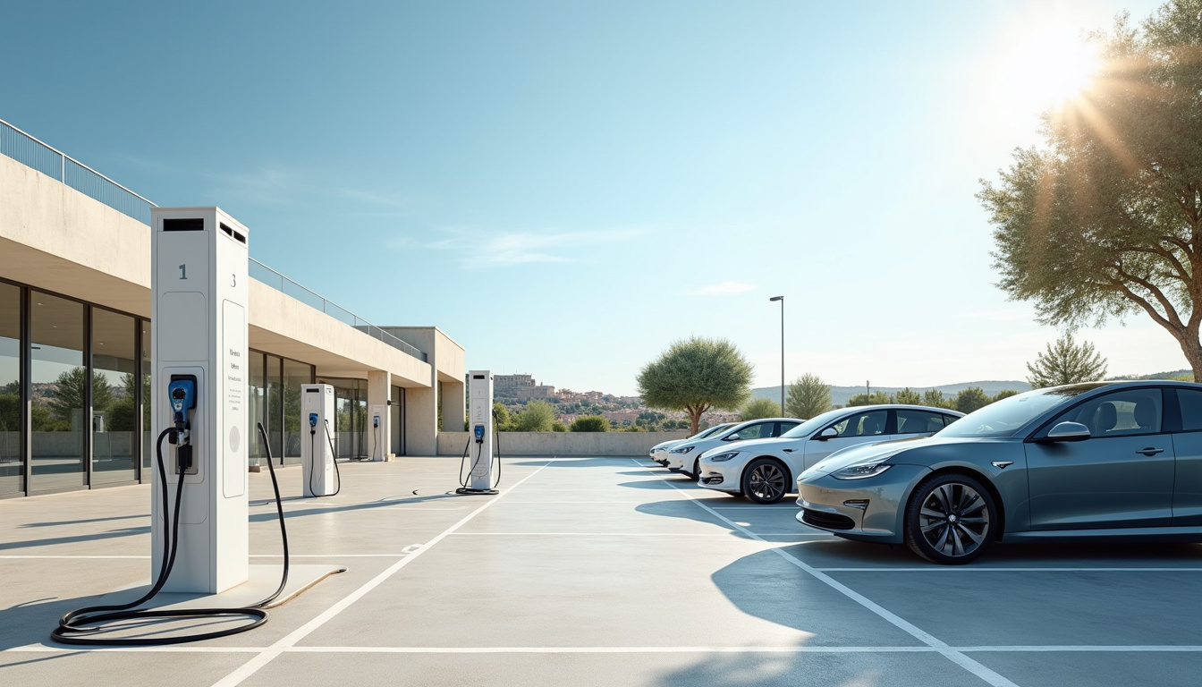 Borne de recharge électrique sur le parking Bazarland à Aigues-Mortes, entourée de véhicules électriques