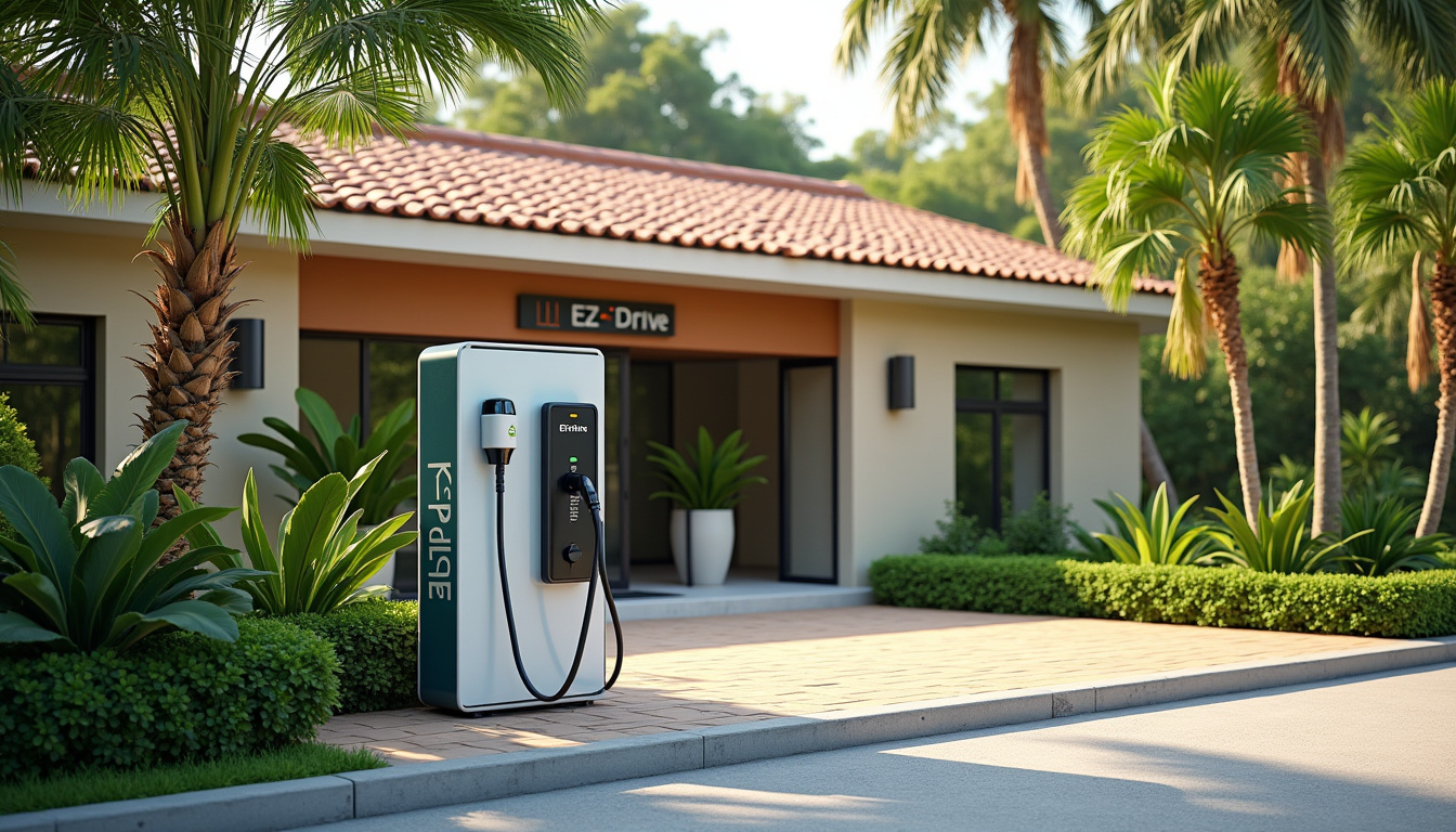 Borne de recharge EZDrive installée devant la mairie de Vieux-Habitants