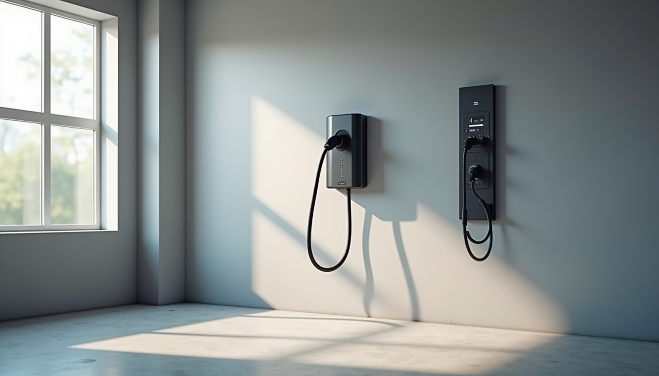 Borne de recharge installée à l'intérieur d'un garage, proche du tableau électrique