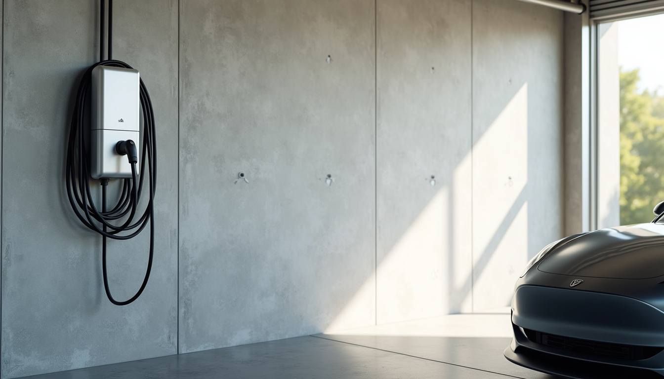 Borne de recharge installée dans un garage avec câblage proprement rangé