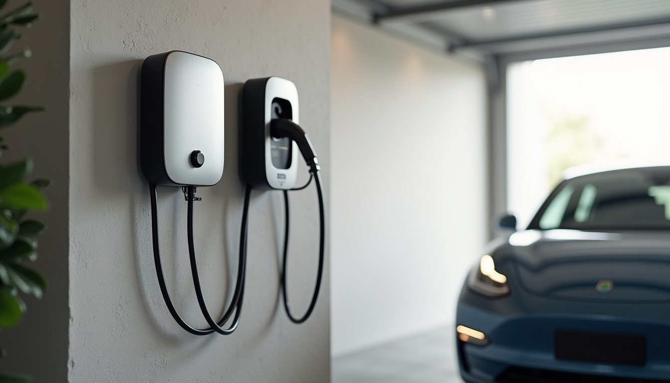 Borne de recharge installée dans un garage, fixée sur un mur à l'abri des intempéries