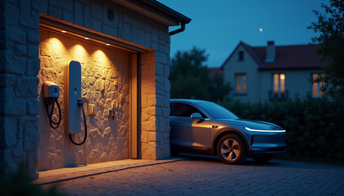 Borne de recharge installée dans un garage privé à Bordeaux, en soirée