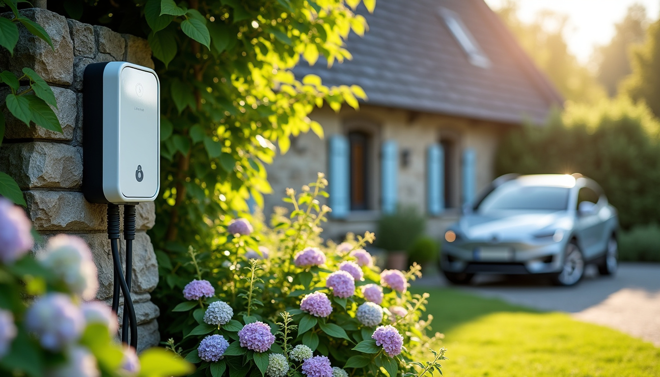 Borne de recharge installée dans un jardin à Saint-Romain-de-Popey