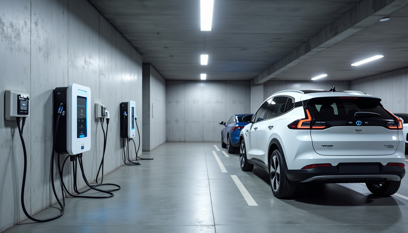 Borne de recharge installée dans un parking de copropriété à Pacé, avec plusieurs véhicules électriques à proximité
