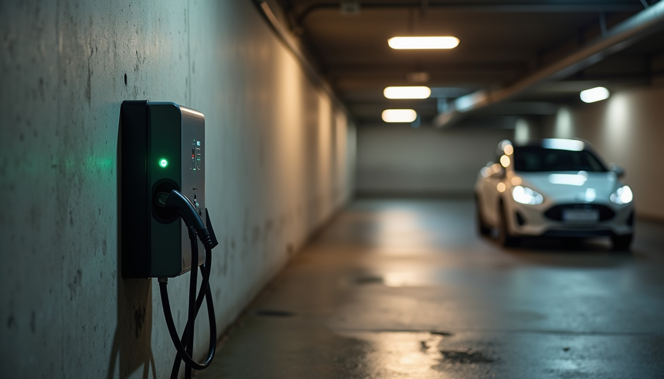 Borne de recharge installée dans un parking de copropriété en milieu rural