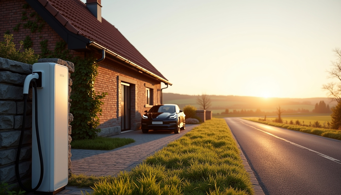 Borne de recharge installée devant une maison individuelle à Arnèke, en zone rurale