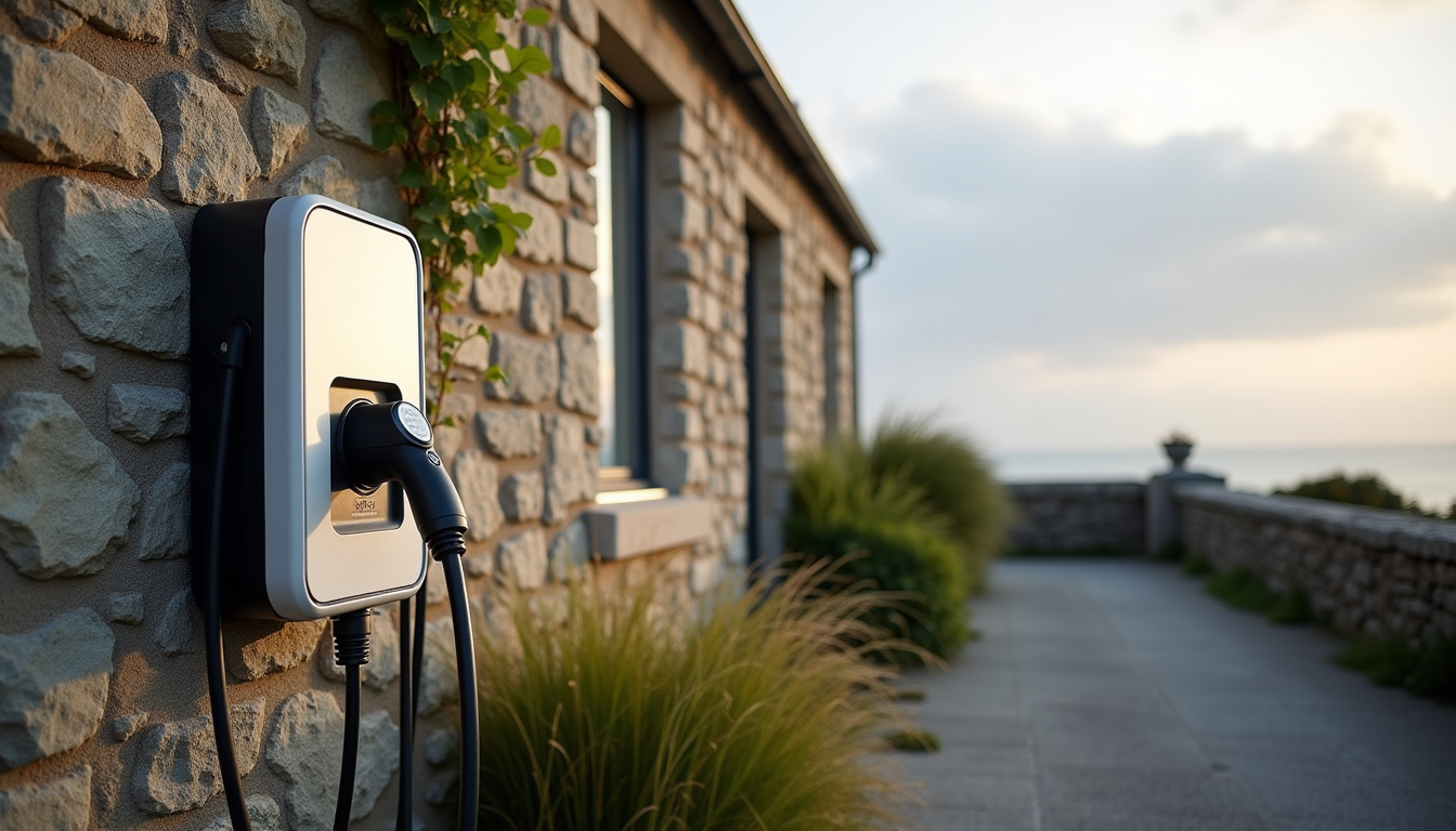 Borne de recharge installée en extérieur à Plobannalec-Lesconil, près d'une maison côtière