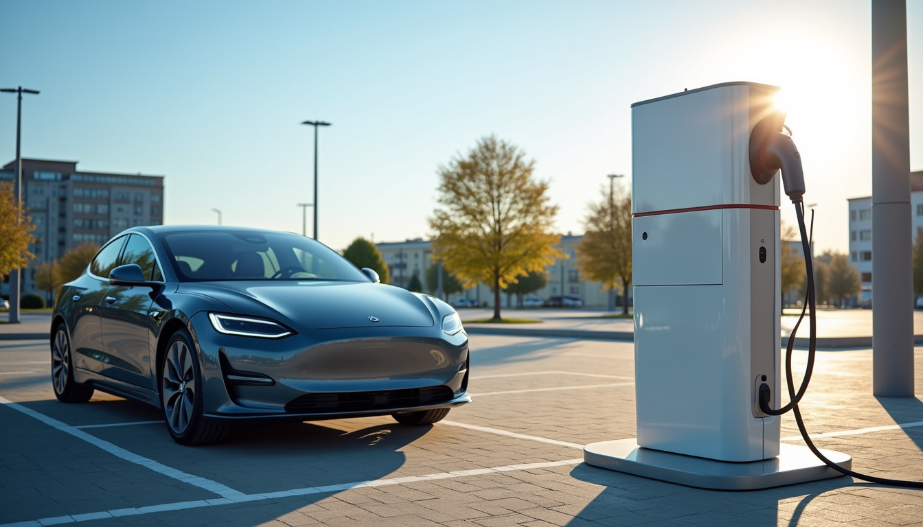 Borne de recharge installée sur un parking public à L'Hôpital-le-Grand, vue de jour avec véhicule électrique en charge