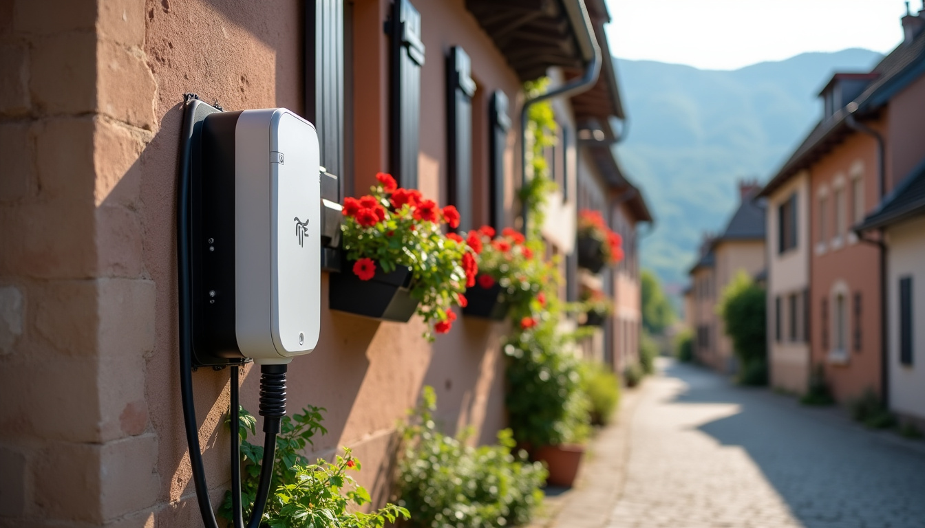 Borne de recharge installée sur une façade de maison à Sainte-Croix-aux-Mines