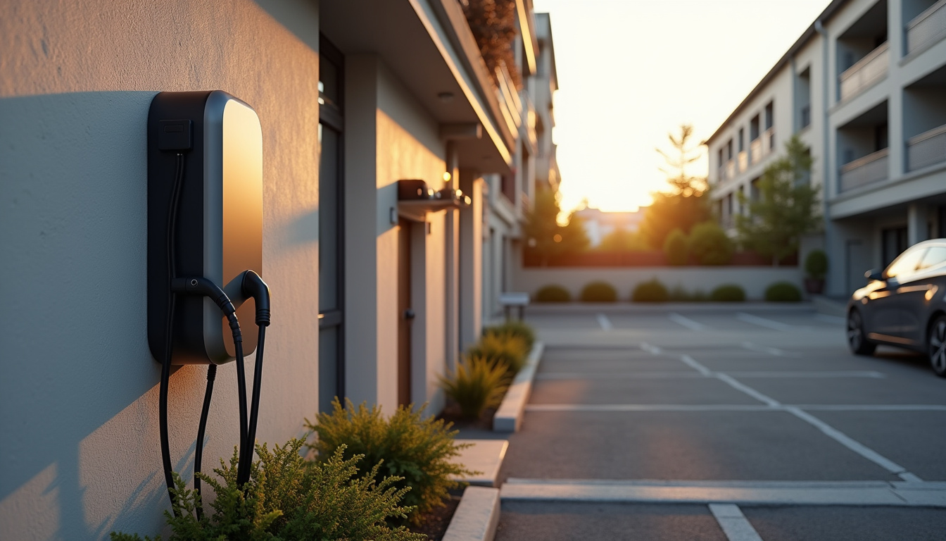 Borne de recharge installée sur une place de stationnement privative dans une copropriété à Sain-Bel
