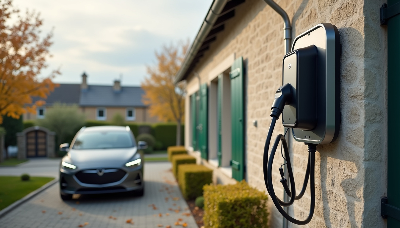 Borne de recharge murale de 7,4 kW installée à l'extérieur d'une maison à Saint-Onen-la-Chapelle