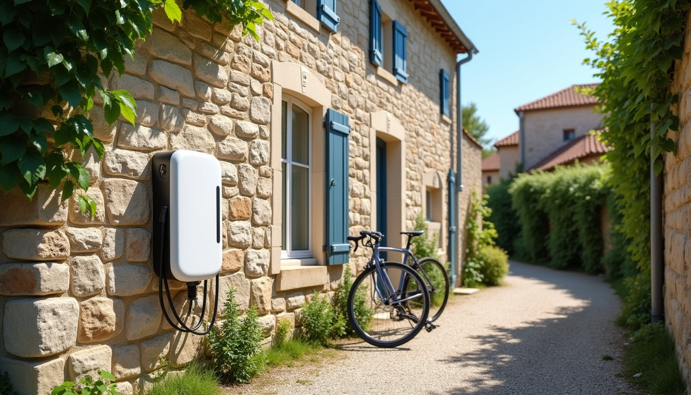 Borne de recharge murale installée en extérieur à Argeliers, vue de jour