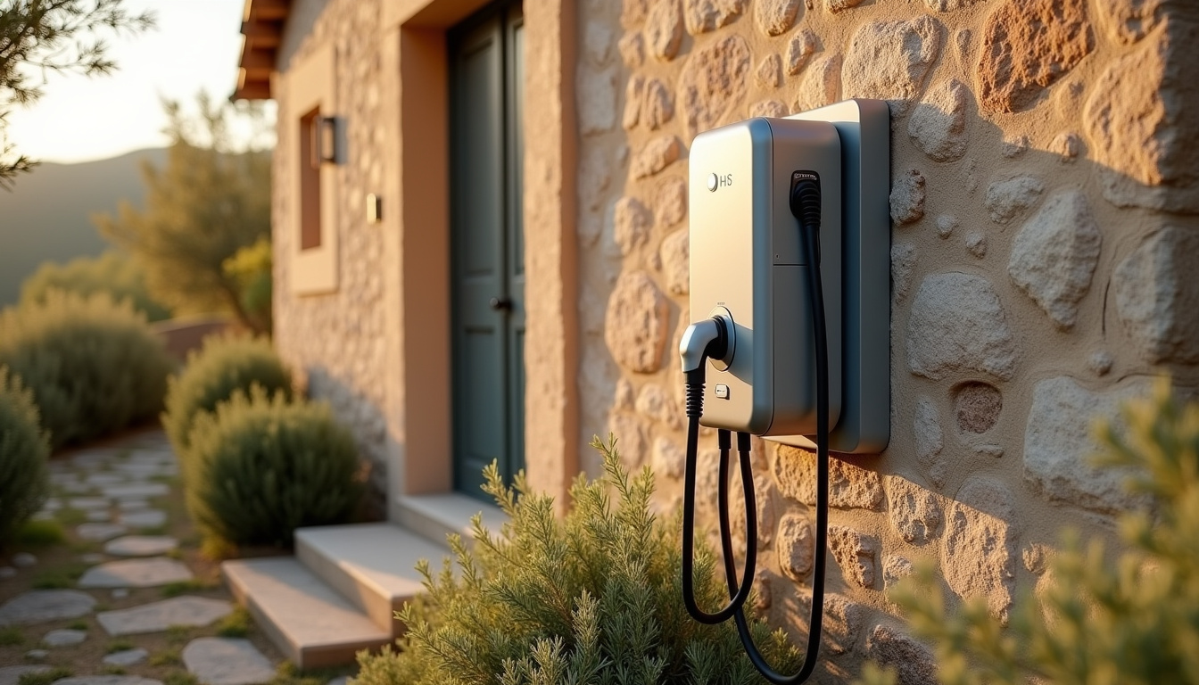 Borne de recharge murale installée en extérieur sur une façade de maison à Sotta, entourée de végétation méditerranéenne
