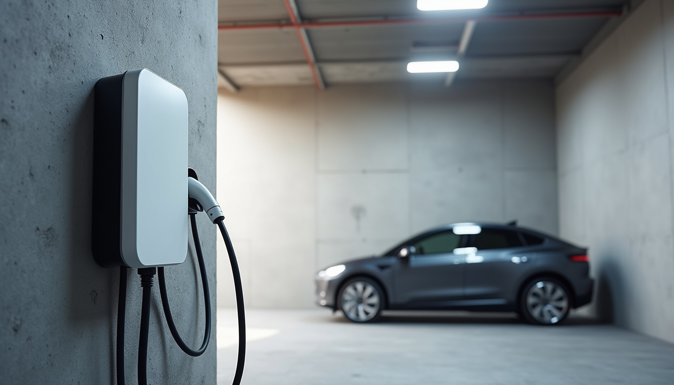 Borne de recharge pour véhicule électrique installée dans un garage à Vénissieux