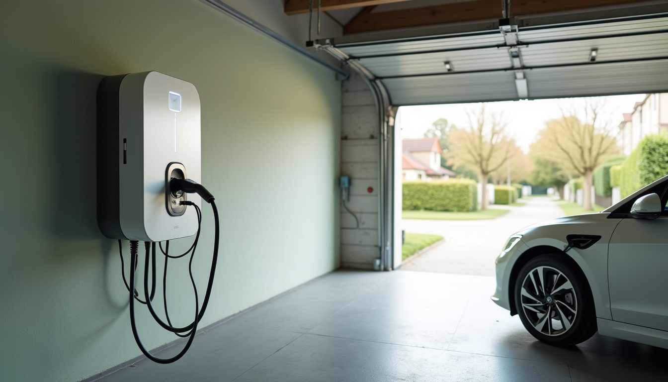Borne de recharge pour voiture électrique installée dans un garage à Château-Gontier-sur-Mayenne