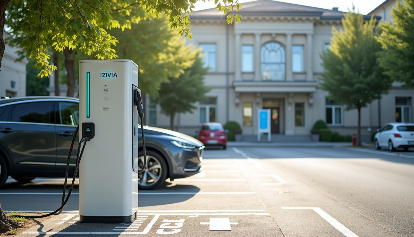 Borne de recharge publique de type IZIVIA installée devant la mairie de Harnes