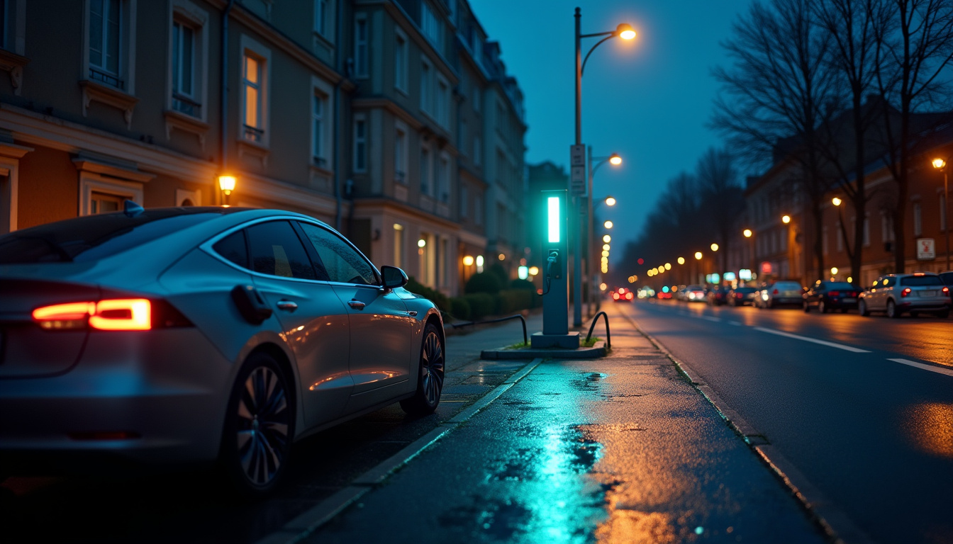 Borne de recharge publique en milieu urbain à Perrignier, vue nocturne