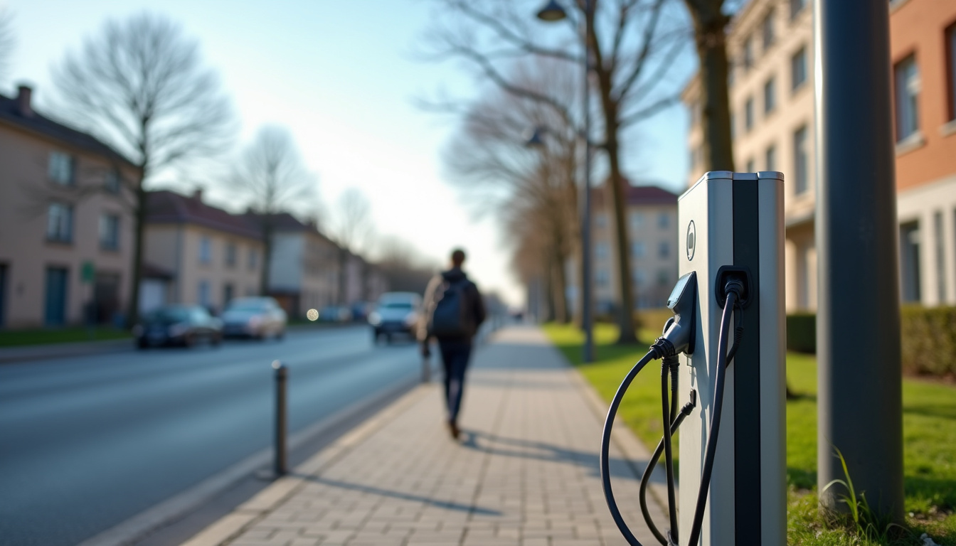 Borne de recharge publique installée en bordure de trottoir à Rueil-Malmaison, vue de jour