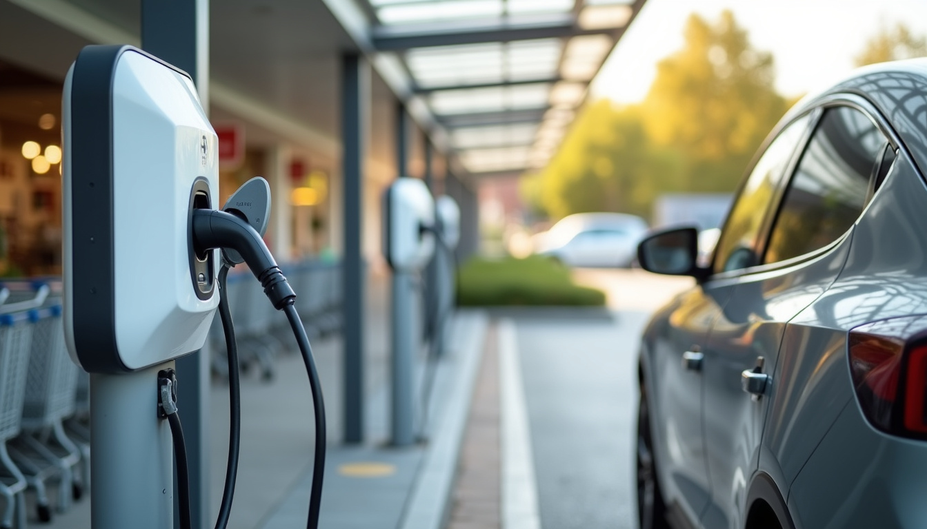 Borne de recharge publique installée sur le parking de Carrefour Market à Saint-Quentin-Fallavier