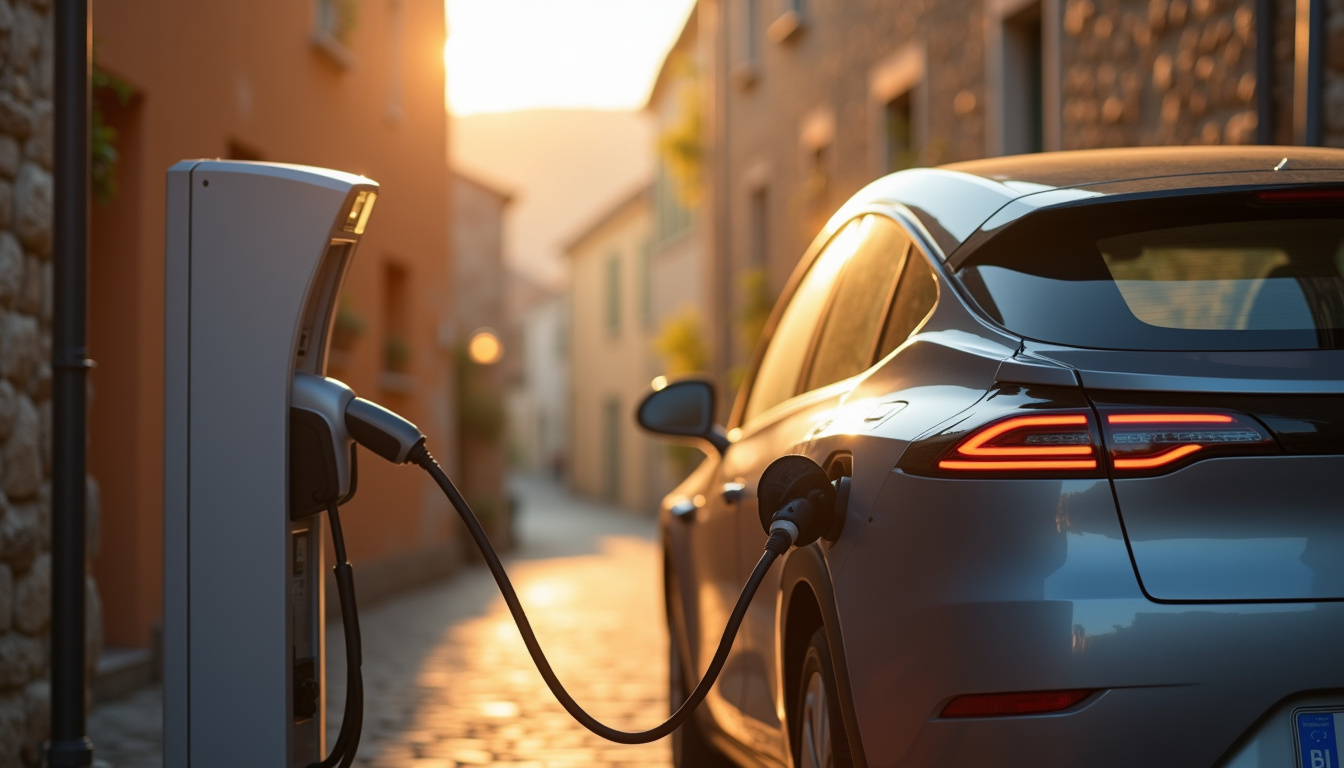 Borne de recharge publique située en extérieur à Saint-Côme-d’Olt, proche du centre-ville, avec un véhicule électrique en cours de recharge