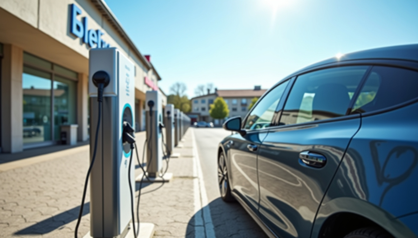 Borne de recharge publique située près d'un centre commercial à Fougères, avec un véhicule électrique en cours de charge
